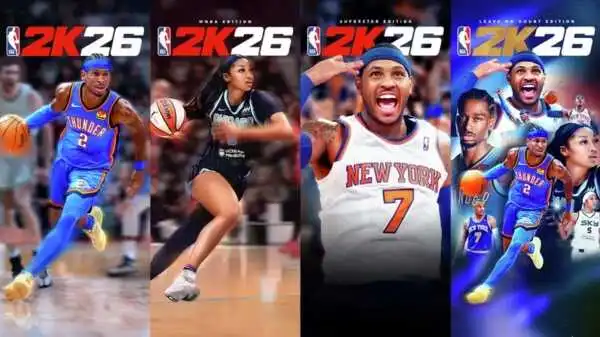 NBA 2K26 cover art featuring Carmelo Anthony, Shai Gilgeous-Alexander, and Angel Reese promoting Superstar and Leave No Doubt editions