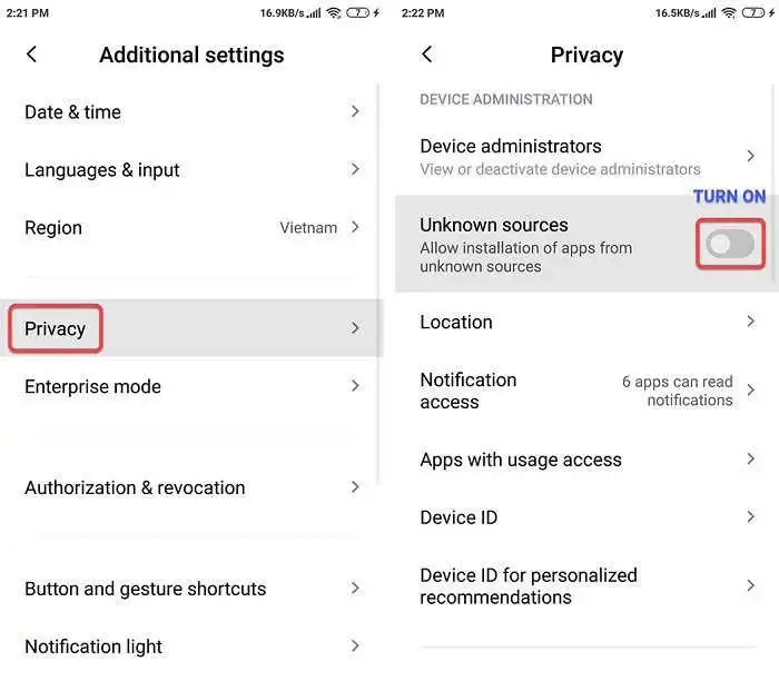 Step 2: Navigate to Security or Privacy and Find Unknown Sources